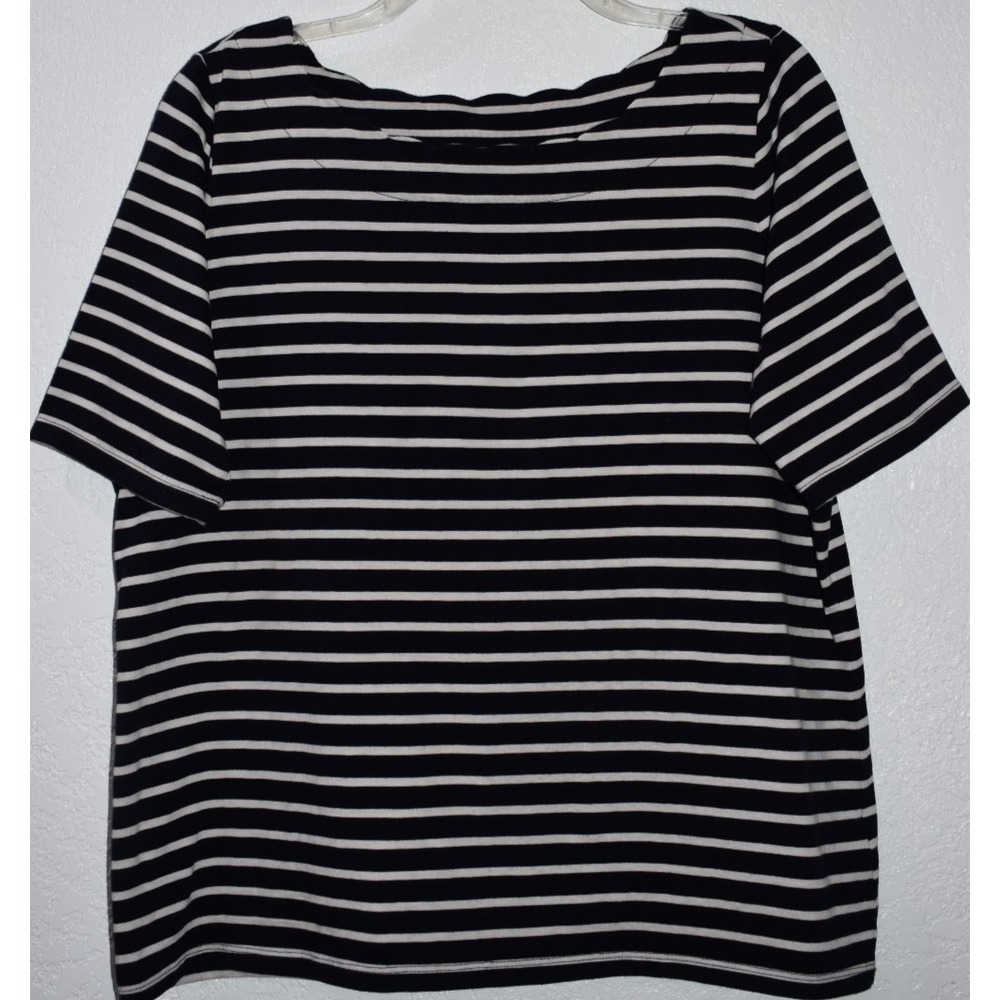 Talbots Top 1Xp Pima Cotton Scalloped Neck Black White Short Sleeve Tee Pullover